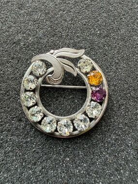 Van Dell 925 Sterling Silver Circle Leaves Multi Color Stones Brooch